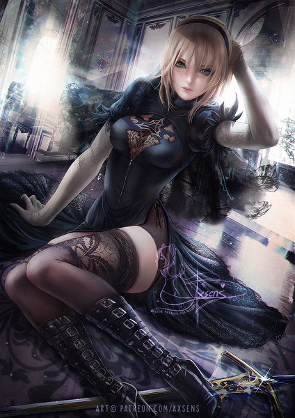Anime picture 848x1200 with fate (series) nier nier:automata artoria pendragon (all) saber yorha no. 2 type b axsen single tall image looking at viewer short hair breasts blonde hair sitting green eyes signed full body bent knee (knees) indoors parted lips