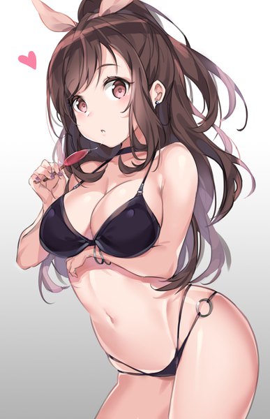 Anime picture 2000x3100 with idolmaster idolmaster shiny colors tsukioka kogane tem10 single long hair tall image looking at viewer blush fringe highres breasts light erotic simple background brown hair large breasts standing bare shoulders holding brown eyes