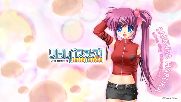 Anime picture 1920x1080 with little busters! key (studio) saigusa haruka hinoue itaru long hair highres open mouth blue eyes wide image purple hair inscription wallpaper side ponytail girl hair ornament detached sleeves miniskirt hair tie hair bobbles