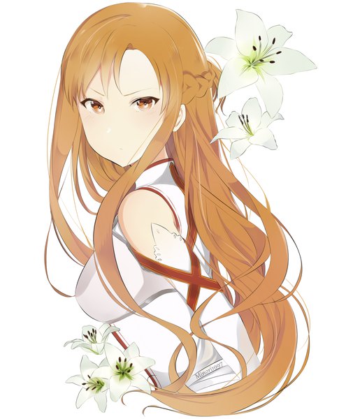Anime picture 1900x2300 with sword art online a-1 pictures yuuki asuna sunnypoppy single long hair tall image looking at viewer highres simple background brown hair white background brown eyes signed half updo serious girl flower (flowers) lily (flower)