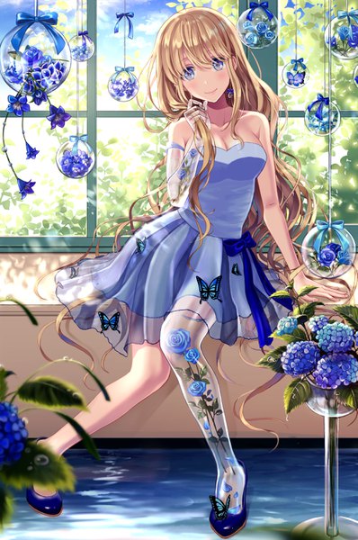 Anime picture 1990x3000 with original anko kinako single tall image looking at viewer blush fringe highres breasts blue eyes blonde hair smile hair between eyes sitting bare shoulders cleavage indoors very long hair arm support transparent