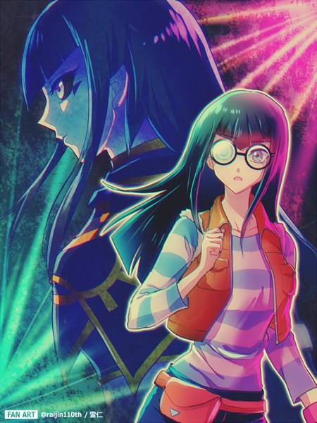 Anime picture 640x853 with yu-gi-oh! carly nagisa raijin-bh long hair tall image fringe open mouth black hair signed looking away profile twitter username striped black sclera dark persona girl glasses vest fanny pack