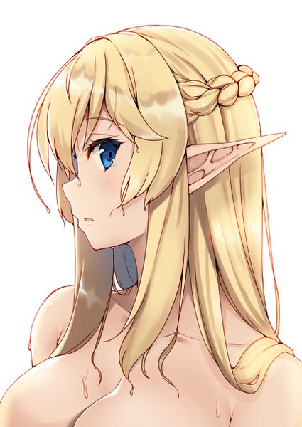 Anime picture 1720x2428 with original raiou single long hair tall image looking at viewer blush highres breasts light erotic simple background blonde hair upper body braid (braids) parted lips profile pointy ears wet elf girl