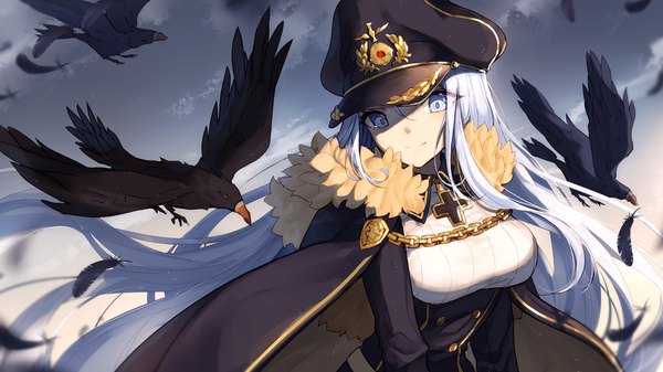 Anime-Bild 1920x1080 mit warship girls r ulrich von hutten (warship girls r) bison cangshu single long hair looking at viewer fringe highres breasts blue eyes smile hair between eyes wide image standing sky silver hair cloud (clouds) wind wallpaper fur trim