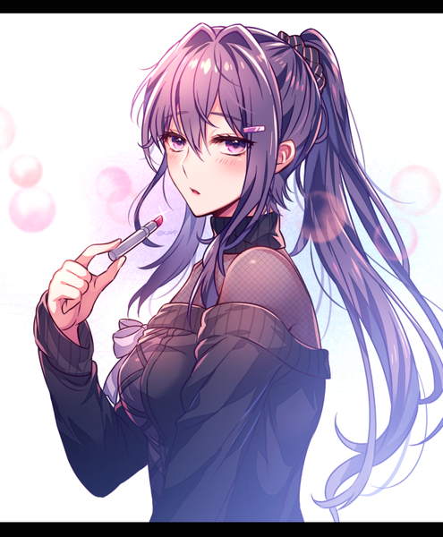 Anime picture 742x900 with doki doki literature club yuri (doki doki literature club) aicedrop single long hair tall image looking at viewer blush fringe open mouth simple background hair between eyes purple eyes signed payot purple hair upper body ponytail long sleeves sparkle