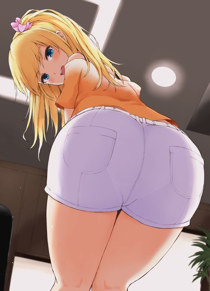 Anime picture 2847x3937 with idolmaster idolmaster cinderella girls ootsuki yui techi (techi35499) single long hair tall image looking at viewer blush fringe highres open mouth blue eyes light erotic blonde hair smile standing ass indoors :d