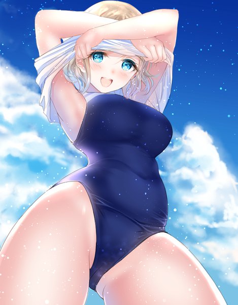 Anime picture 665x850 with love live! sunshine!! sunrise (studio) love live! watanabe you ponytail korosuke single tall image looking at viewer blush short hair breasts open mouth blue eyes light erotic blonde hair smile sky cloud (clouds) from below covered navel