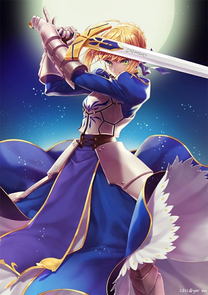 Anime picture 800x1132 with fate (series) fate/stay night fate/zero studio deen type-moon artoria pendragon (all) saber bborong single tall image looking at viewer fringe short hair blonde hair standing holding green eyes sky inscription night