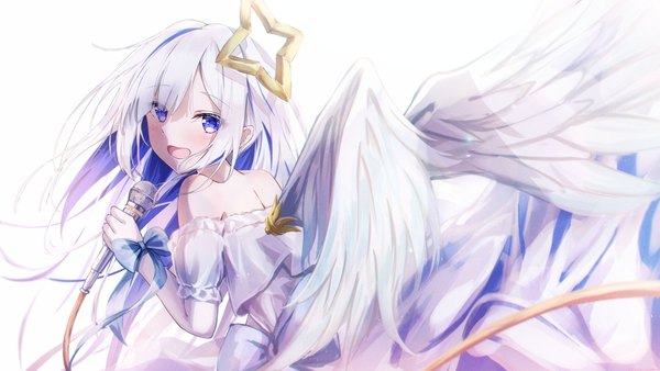 Anime picture 1024x576 with virtual youtuber hololive amane kanata daidai (daidai826) single long hair looking at viewer open mouth simple background wide image white background purple eyes silver hair :d multicolored hair turning head colored inner hair angel wings white wings angel