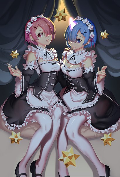 Anime picture 600x877 with re:zero kara hajimeru isekai seikatsu white fox rem (re:zero) ram (re:zero) lucidsky tall image looking at viewer fringe short hair breasts blue eyes red eyes sitting multiple girls blue hair pink hair cleavage bent knee (knees) horn (horns) hair over one eye