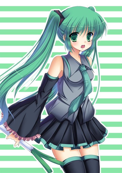 Anime picture 1075x1518 with vocaloid hatsune miku amemiya ruki single long hair tall image open mouth twintails green eyes green hair striped striped background girl skirt detached sleeves miniskirt necktie leek