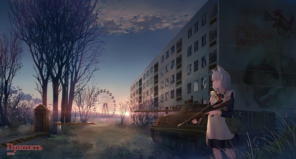 Anime picture 2000x1080 with original sion005 single long hair blush fringe highres blue eyes hair between eyes wide image standing holding signed animal ears looking away sky silver hair cloud (clouds) outdoors profile