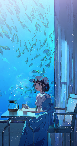 Anime picture 667x1267 with original agas (vpwt7475) single tall image fringe short hair open mouth blue eyes black hair sitting looking away blunt bangs :d puffy sleeves girl dress animal chair table fish (fishes)