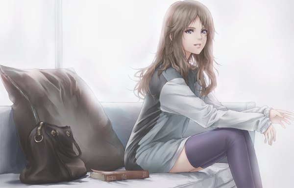 Anime picture 1100x707 with original yytru single long hair fringe brown hair sitting purple eyes light smile lips girl thighhighs pillow book (books) bag couch