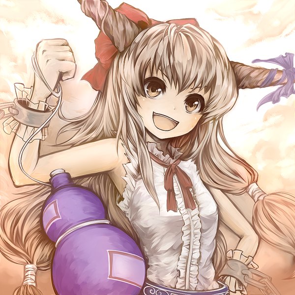 Anime picture 1000x1000 with touhou ibuki suika chagu single long hair looking at viewer blush open mouth blonde hair brown eyes horn (horns) hand on hip girl dress bow hair bow chain alcohol sake gourd