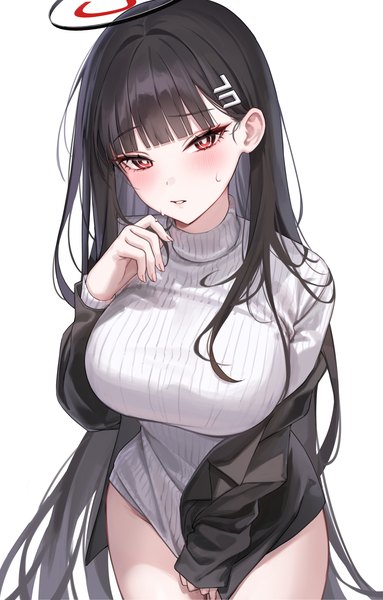 Anime picture 3000x4700 with blue archive rio (blue archive) raki kr single long hair tall image looking at viewer blush fringe highres breasts light erotic black hair simple background red eyes large breasts standing white background long sleeves parted lips