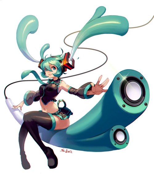 Anime picture 1082x1300 with vocaloid hatsune miku nawol single long hair tall image looking at viewer simple background smile white background sitting twintails signed aqua eyes aqua hair bare belly tattoo spread arms girl skirt