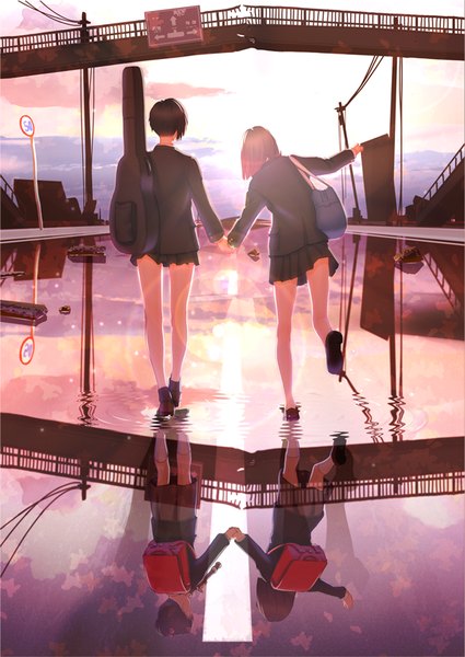 Anime picture 652x921 with original nanahime (aoi) tall image short hair black hair blonde hair brown hair standing multiple girls cloud (clouds) full body outdoors ponytail pleated skirt sunlight leaning lens flare outstretched arm holding hands standing on one leg