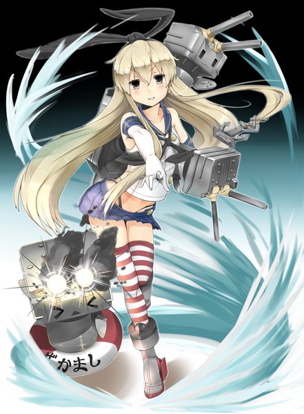 Anime picture 1500x2041 with kantai collection shimakaze destroyer rensouhou-chan kagiyama (74297429) long hair tall image looking at viewer blush blonde hair brown eyes girl skirt gloves bow weapon hair bow miniskirt elbow gloves sailor suit