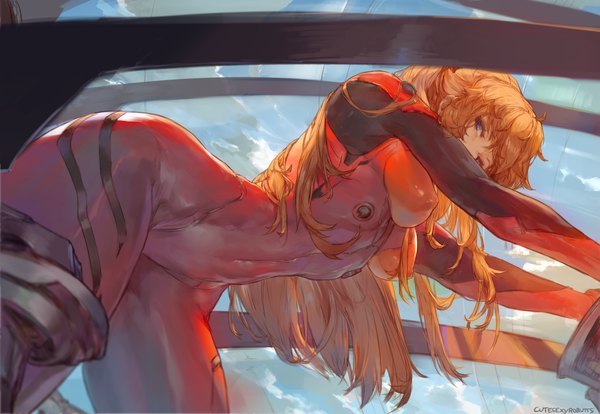 Anime picture 5500x3796 with neon genesis evangelion gainax soryu asuka langley shikinami asuka langley cutesexyrobutts single long hair fringe highres breasts blue eyes light erotic large breasts standing signed looking away absurdres sky cloud (clouds) orange hair