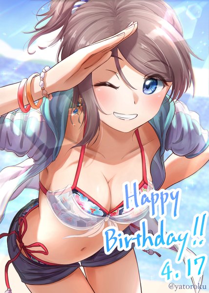 Anime picture 1198x1679 with love live! sunshine!! sunrise (studio) love live! watanabe you yatoroku single tall image looking at viewer blush short hair breasts blue eyes light erotic smile brown hair large breasts signed ponytail twitter username grin