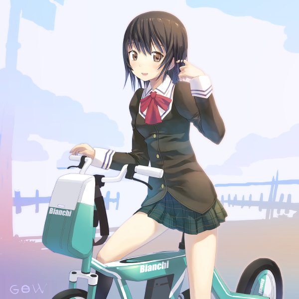 Anime picture 1200x1200 with original tougetsu gou single short hair black hair brown eyes girl uniform school uniform ground vehicle bicycle