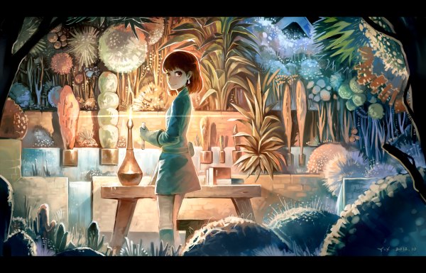 Anime picture 2400x1540 with kaze no tani no nausicaa studio ghibli nausicaa yuushoku single highres short hair smile brown hair standing brown eyes looking back letterboxed girl gloves flower (flowers) plant (plants) earrings candle (candles)