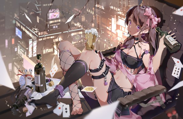 Anime picture 5800x3780 with the marvelous snail bodhi wushushenghua single long hair looking at viewer fringe highres breasts light erotic brown hair sitting purple eyes holding absurdres cleavage full body bent knee (knees) pleated skirt from above city