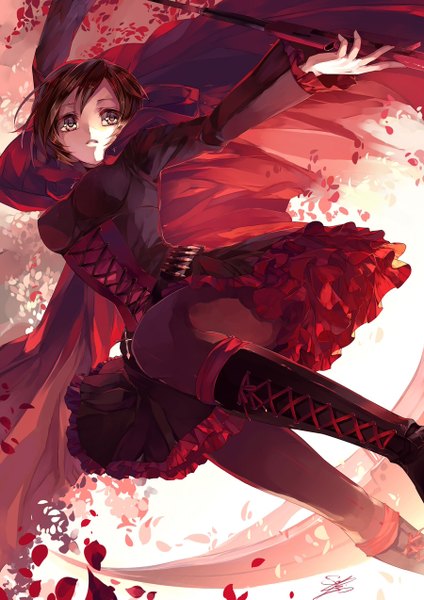 Anime picture 900x1273 with rwby rooster teeth ruby rose soumare single tall image fringe short hair breasts brown hair holding signed looking away bent knee (knees) long sleeves parted lips wind wide sleeves arms up silver eyes