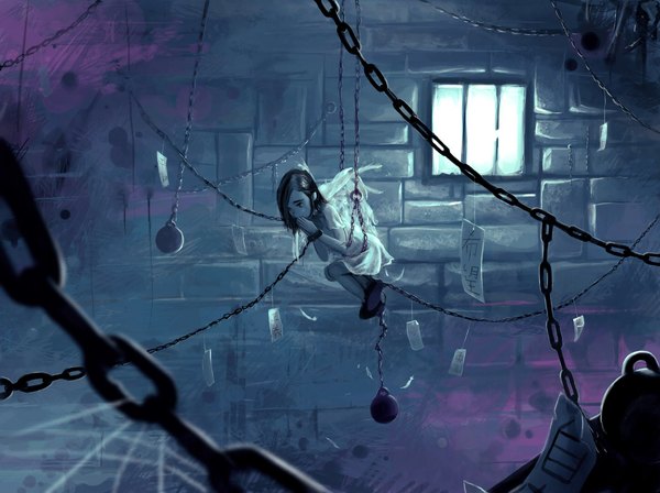 Anime picture 1100x822 with original aquasixio (artist) single long hair black hair pale skin girl wings window chain feather (feathers) wall splashes room spider web bars prison cell ball and chain
