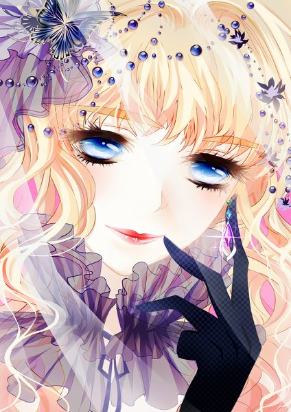 Anime picture 848x1200 with macross macross frontier sheryl nome flyn single long hair tall image blue eyes blonde hair light smile lips lipstick portrait red lipstick checkered girl gloves hair ornament earrings black gloves