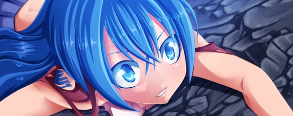 Anime picture 5035x2000 with fairy tail wendy marvell designerrenan single long hair highres blue eyes wide image blue hair loli tattoo coloring torn clothes close-up girl