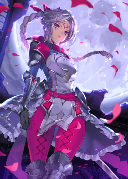 Anime-Bild 715x1000 mit league of legends diana (league of legends) bucchake (asami) single long hair tall image looking at viewer standing purple eyes holding payot outdoors braid (braids) wind grey hair night from below ass visible through thighs forehead mark girl