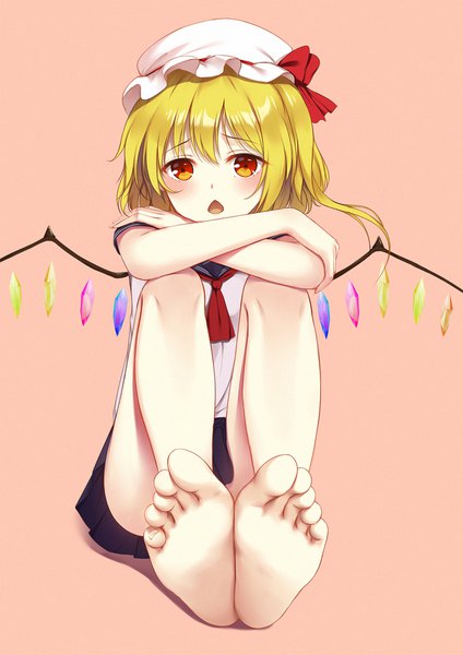 Anime picture 1200x1697 with touhou flandre scarlet flan (seeyouflan) single long hair tall image looking at viewer blush fringe open mouth light erotic simple background blonde hair hair between eyes full body bent knee (knees) pleated skirt barefoot orange eyes one side up
