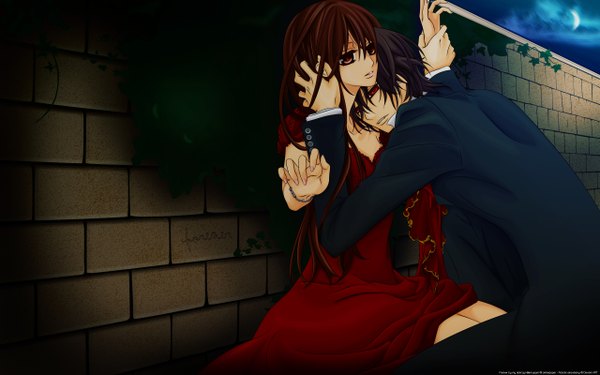 Anime picture 2560x1600 with vampire knight studio deen cross yuki clan kaname highres black hair red eyes brown hair wide image brown eyes signed couple girl boy wall