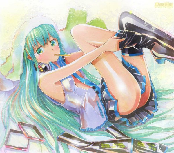 Anime picture 1000x875 with vocaloid hatsune miku single long hair blush light erotic green eyes ass lying green hair mouth hold girl necktie headphones thigh boots