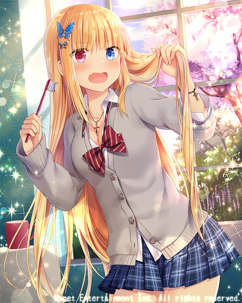 Anime picture 640x800 with falkyrie no monshou natsumekinoko single long hair tall image looking at viewer blush fringe breasts open mouth blue eyes blonde hair hair between eyes standing holding payot cleavage indoors long sleeves :d