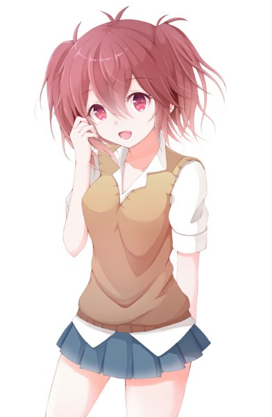 Anime picture 653x1000 with akuma no riddle ichinose haru harunire single tall image looking at viewer short hair open mouth simple background smile red eyes white background twintails red hair pleated skirt short twintails happy girl skirt uniform