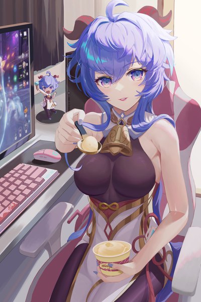 Anime picture 4000x6000 with genshin impact ganyu (genshin impact) zhenmingjiang single long hair tall image looking at viewer fringe highres breasts blue eyes light erotic hair between eyes large breasts sitting bare shoulders holding payot blue hair absurdres
