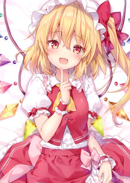 Anime picture 1066x1500 with touhou flandre scarlet riichu single tall image looking at viewer blush fringe short hair open mouth blonde hair smile hair between eyes red eyes lying head tilt :d short sleeves on back fang (fangs)