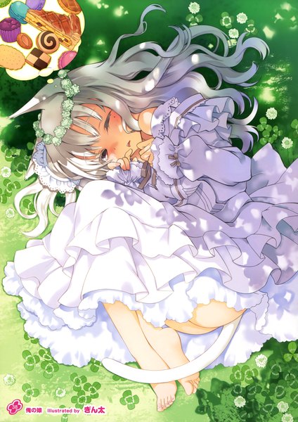 Anime picture 2542x3600 with girls, girls, girls! 11 (artbook) ginta single long hair tall image highres light erotic animal ears white hair tail lying eyes closed animal tail barefoot cat ears scan official art cat girl cat tail sleeping