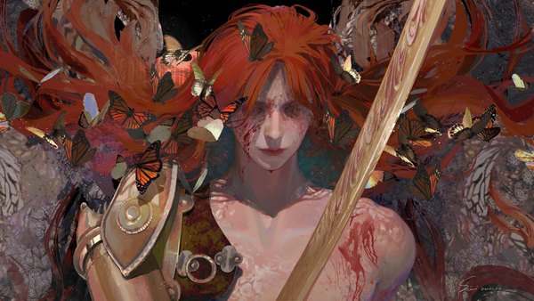 Anime picture 4999x2812 with elden ring malenia blade of miquella malenia goddess of rot sisi maya single long hair highres wide image absurdres upper body red hair floating hair blood on face goddess girl weapon insect butterfly blood prosthesis
