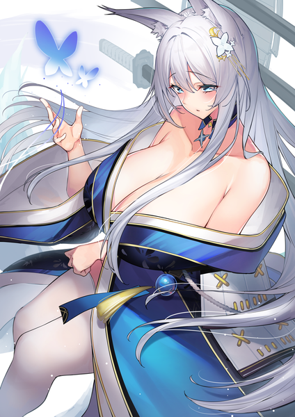 Anime picture 2481x3508 with azur lane shinano (azur lane) yamanokami eaka single long hair tall image looking at viewer blush fringe highres breasts blue eyes light erotic simple background hair between eyes bare shoulders payot cleavage silver hair traditional clothes
