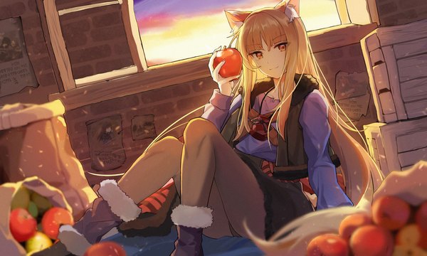 Anime picture 4000x2400 with spice and wolf horo changpan hutao single long hair looking at viewer fringe highres light erotic smile brown hair wide image sitting holding animal ears absurdres bent knee (knees) indoors tail blunt bangs