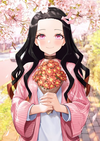Anime picture 3284x4644 with kimetsu no yaiba ufotable kamado nezuko greem bang single long hair tall image looking at viewer blush highres black hair smile standing holding absurdres upper body outdoors pink eyes multicolored hair blurry
