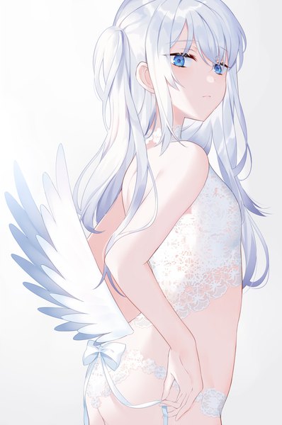 Anime picture 663x1000 with original achiki single long hair tall image looking at viewer blush fringe blue eyes light erotic simple background hair between eyes standing payot silver hair ass looking back one side up gradient background arched back