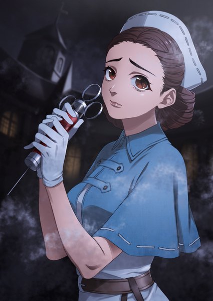 Anime picture 1417x2000 with identity v emily dyer sumino akasuke single tall image looking at viewer short hair brown hair holding brown eyes upper body outdoors night girl gloves white gloves mantle nurse cap syringe
