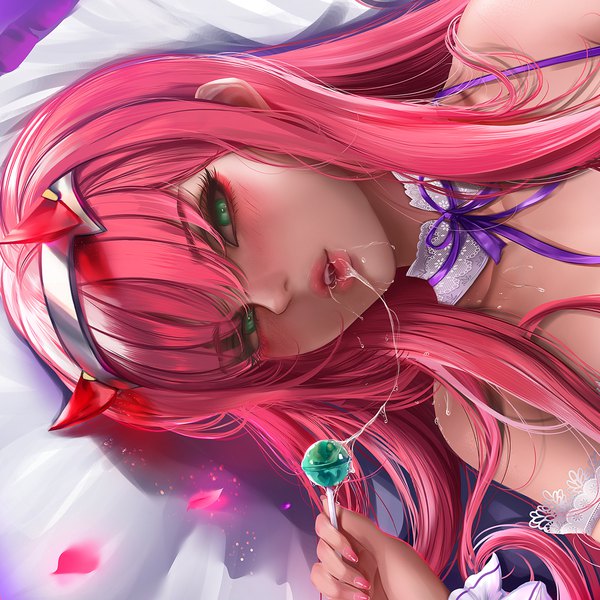 Anime picture 1080x1080 with darling in the franxx studio trigger zero two (darling in the franxx) javier estrada single long hair looking at viewer blush fringe open mouth light erotic hair between eyes holding green eyes pink hair lying nail polish horn (horns) fingernails lips