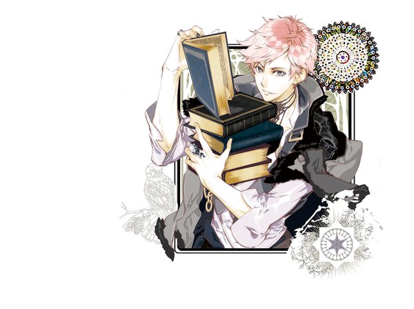 Anime picture 1366x1020 with haitaka no psychedelica levi (haitaka no psychedelica) yuiga satoru single looking at viewer fringe short hair simple background smile white background pink hair grey eyes pale skin shirt white shirt book (books) ring