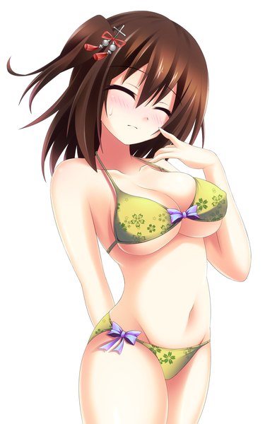 Anime picture 1280x2048 with kantai collection sendai light cruiser midori rin single tall image fringe short hair breasts light erotic simple background brown hair white background cleavage eyes closed sweat erect nipples side ponytail covered nipples girl navel